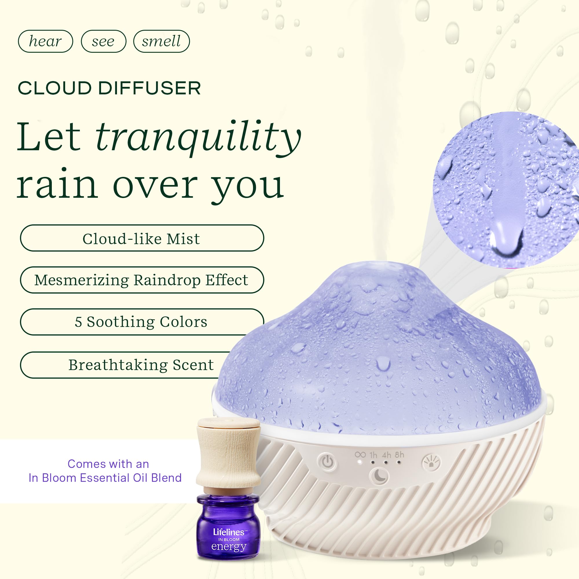 Lifelines Cloud Diffuser shows color options for customizable mood lighting.