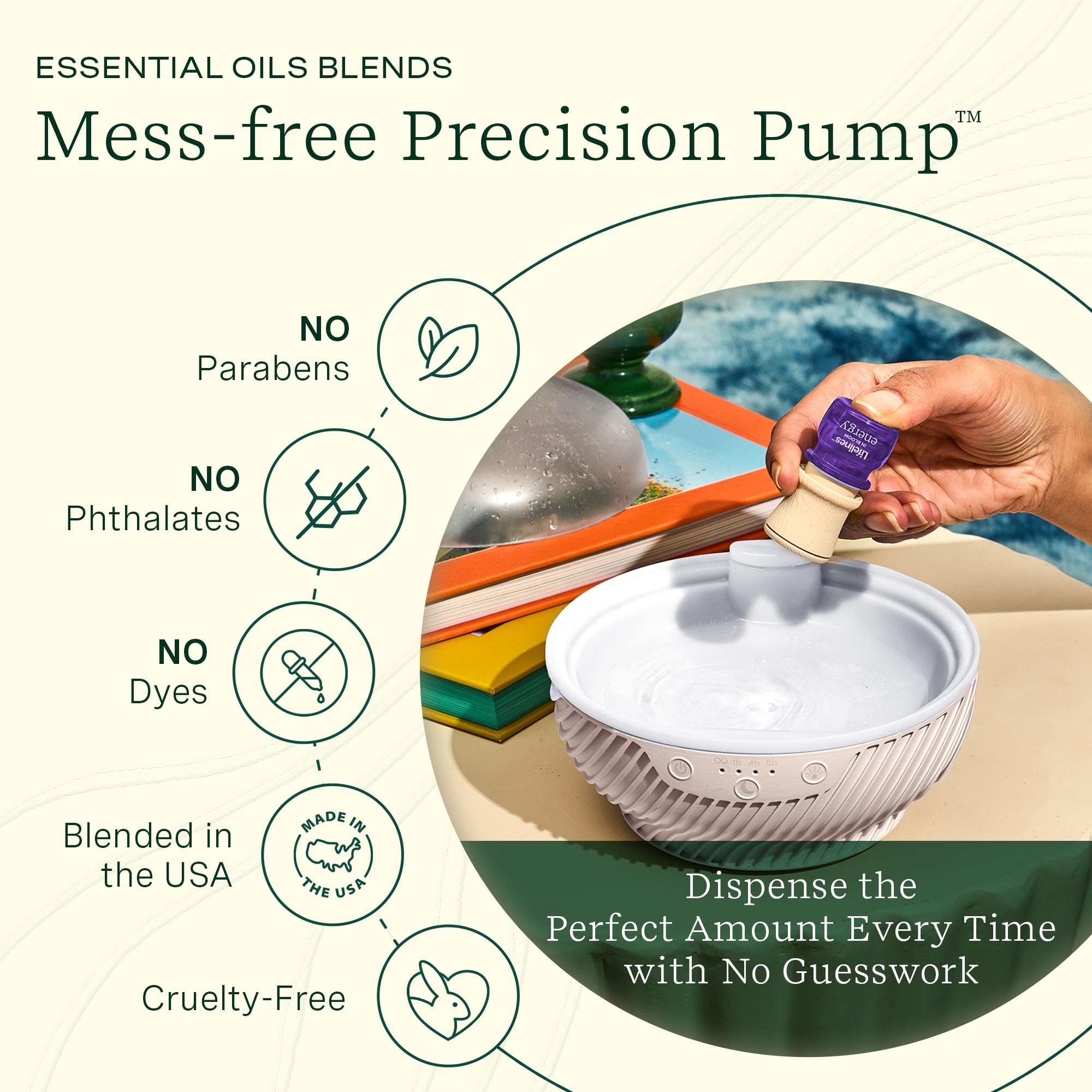 Lifelines Diffuser pump-cap enables precise, mess-free oil dispensing.