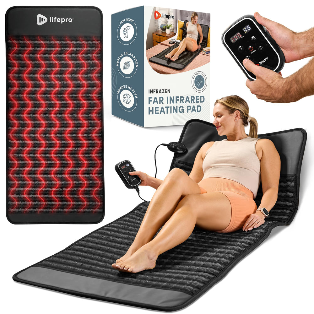 LifePro portable FIR heating mat on back for targeted warmth and relaxation.
