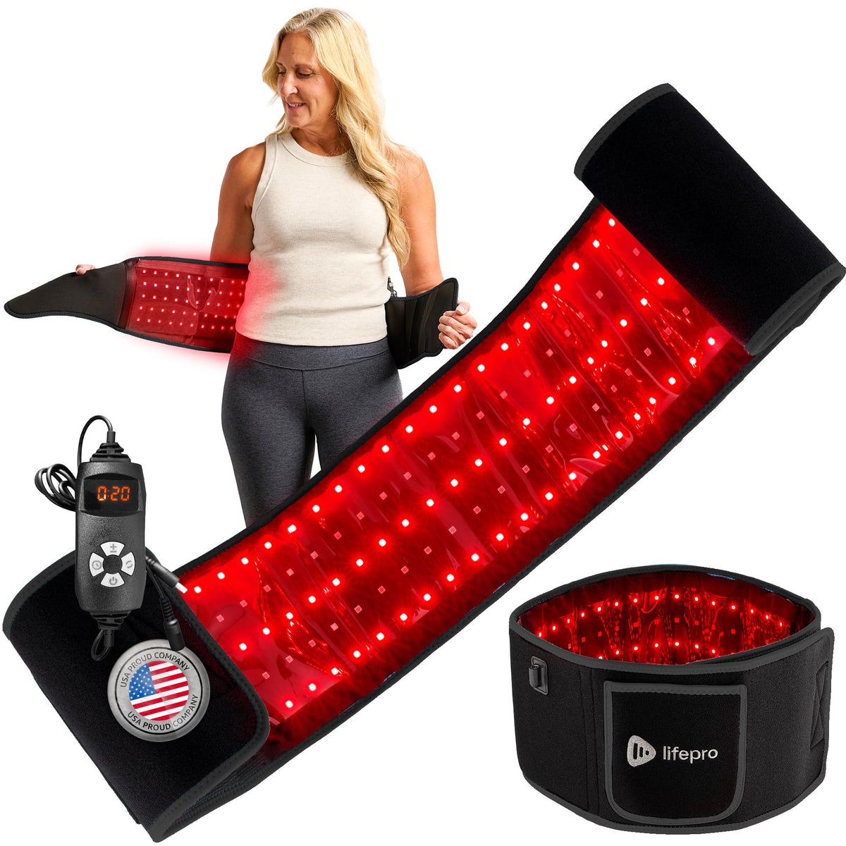 LifePro red light therapy belt worn on the torso for targeted relief.