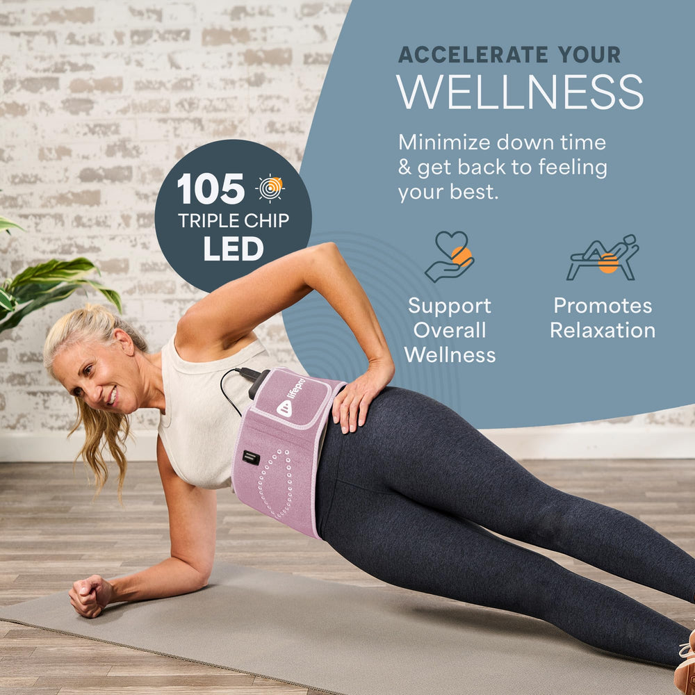 LifePro red light therapy belt at the desk for on the go wellness sessions.