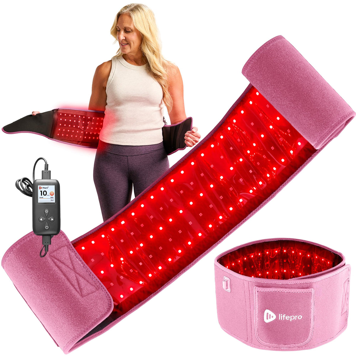 LifePro red light therapy belt front view for targeted body warmth and comfort.
