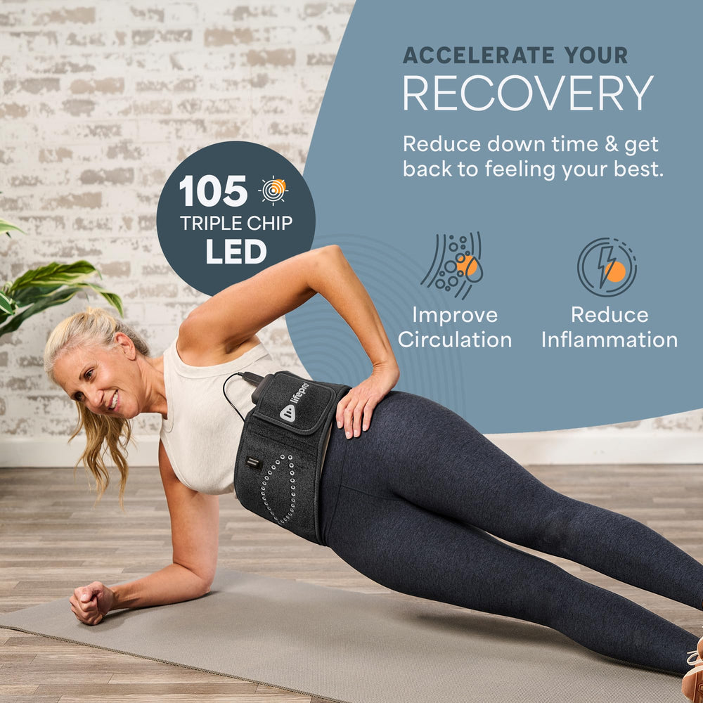 LifePro belt worn while seated highlights relaxed posture and potential comfort.