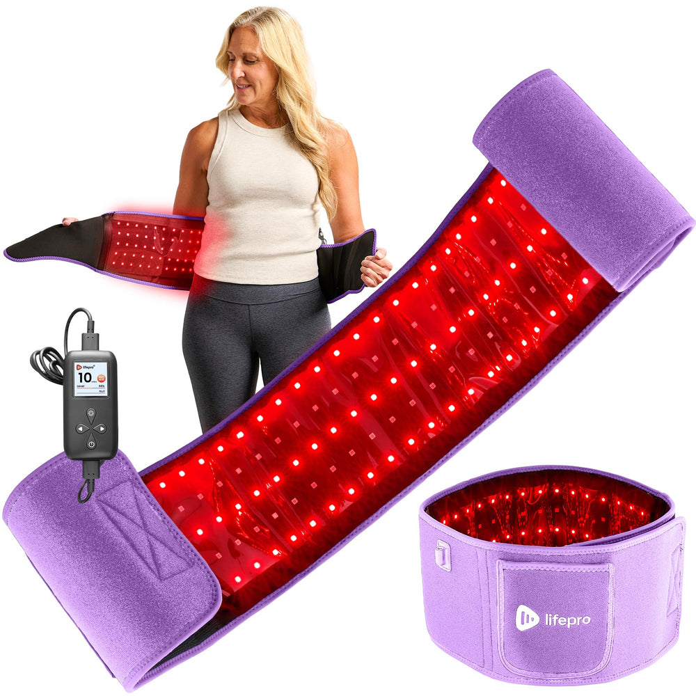LifePro red-light therapy belt wrapped on waist for portable body comfort.