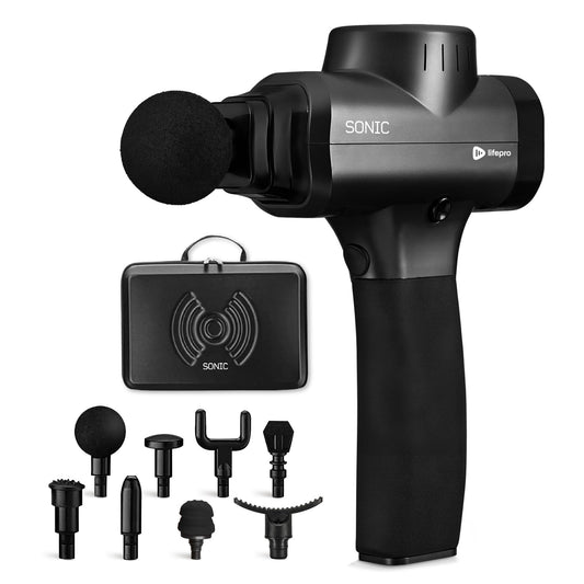 LifePro Sonic massage gun with 8 heads targets full-body recovery after workouts.