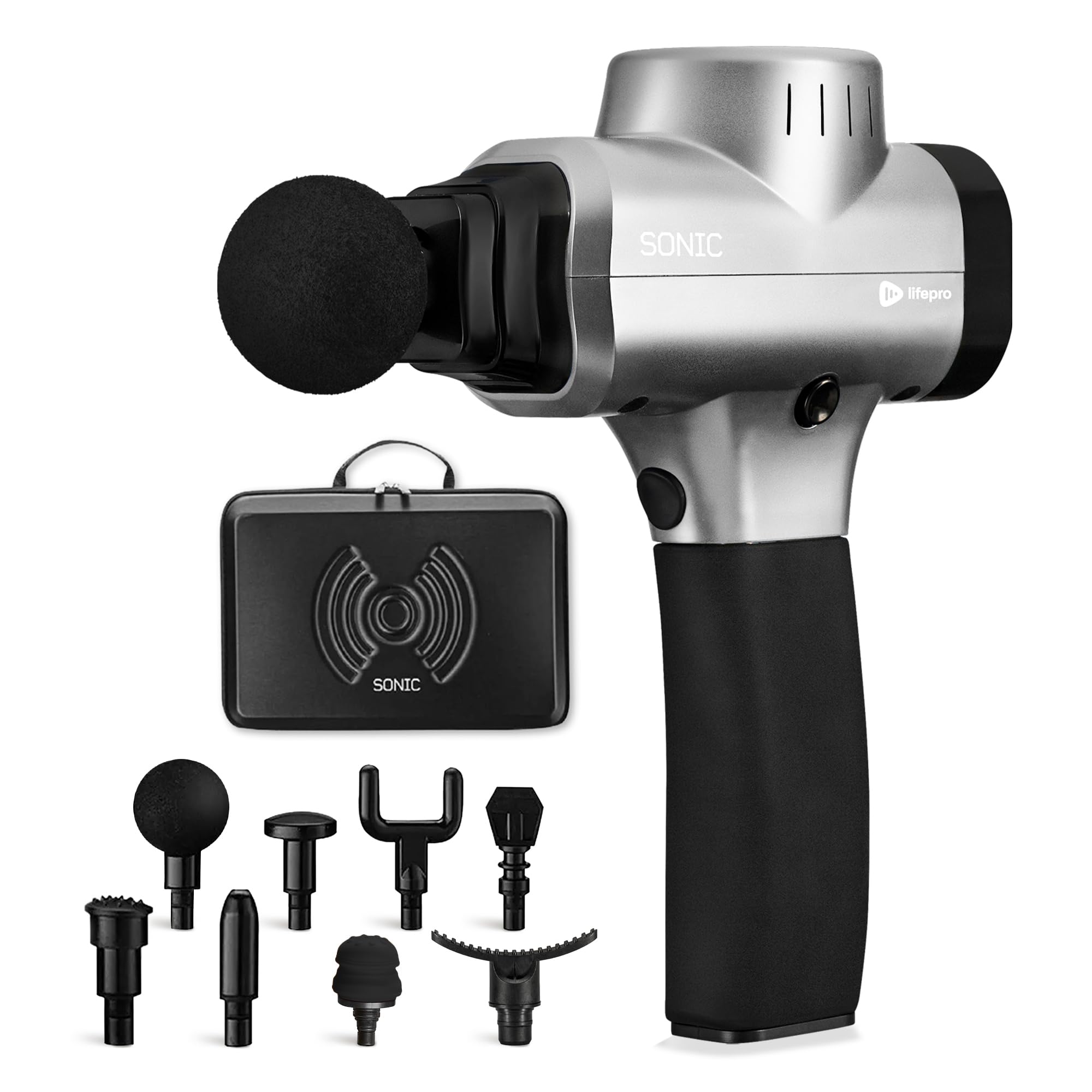 LifePro Sonic massage gun with six speeds for targeted deep tissue relief.