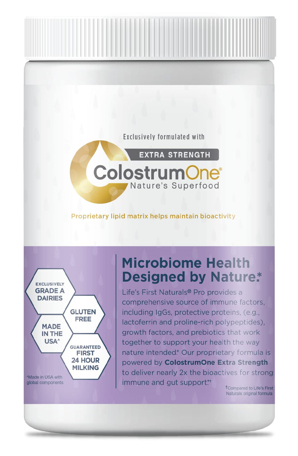 Life's First Naturals Pro Extra Strength Colostrum Powder scoop enables easy daily dosing for immune and digestion support.