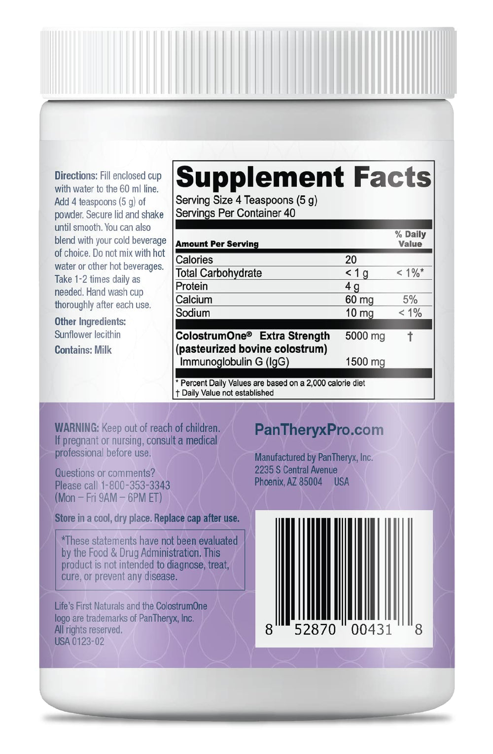Life's First Naturals Pro Extra Strength powder label highlighting natural ingredients for gut health.
