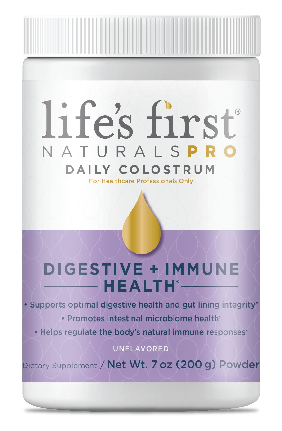 Life's First Naturals Pro Extra Strength colostrum powder tub for digestive and immune health.