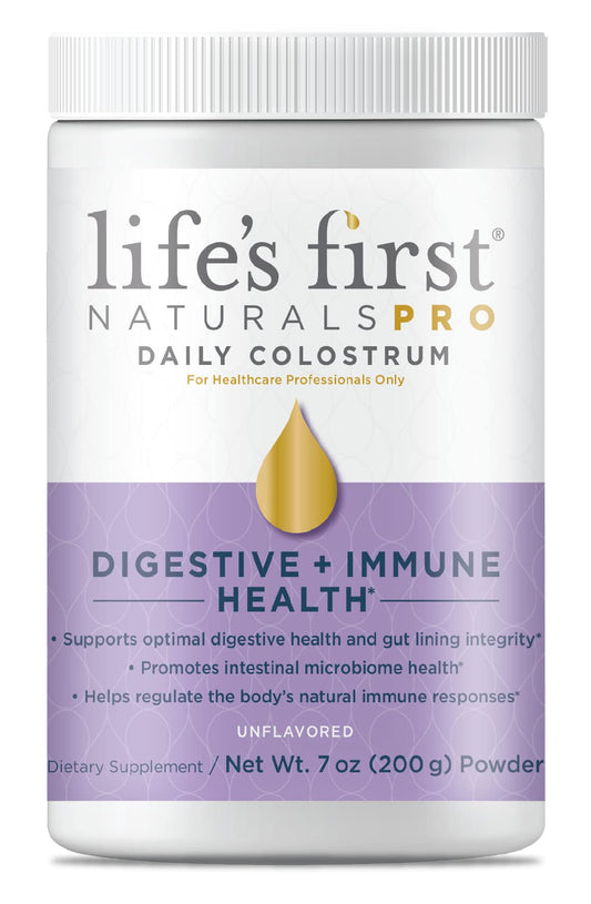 Life's First Naturals Pro Extra Strength colostrum powder tub for digestive and immune health.