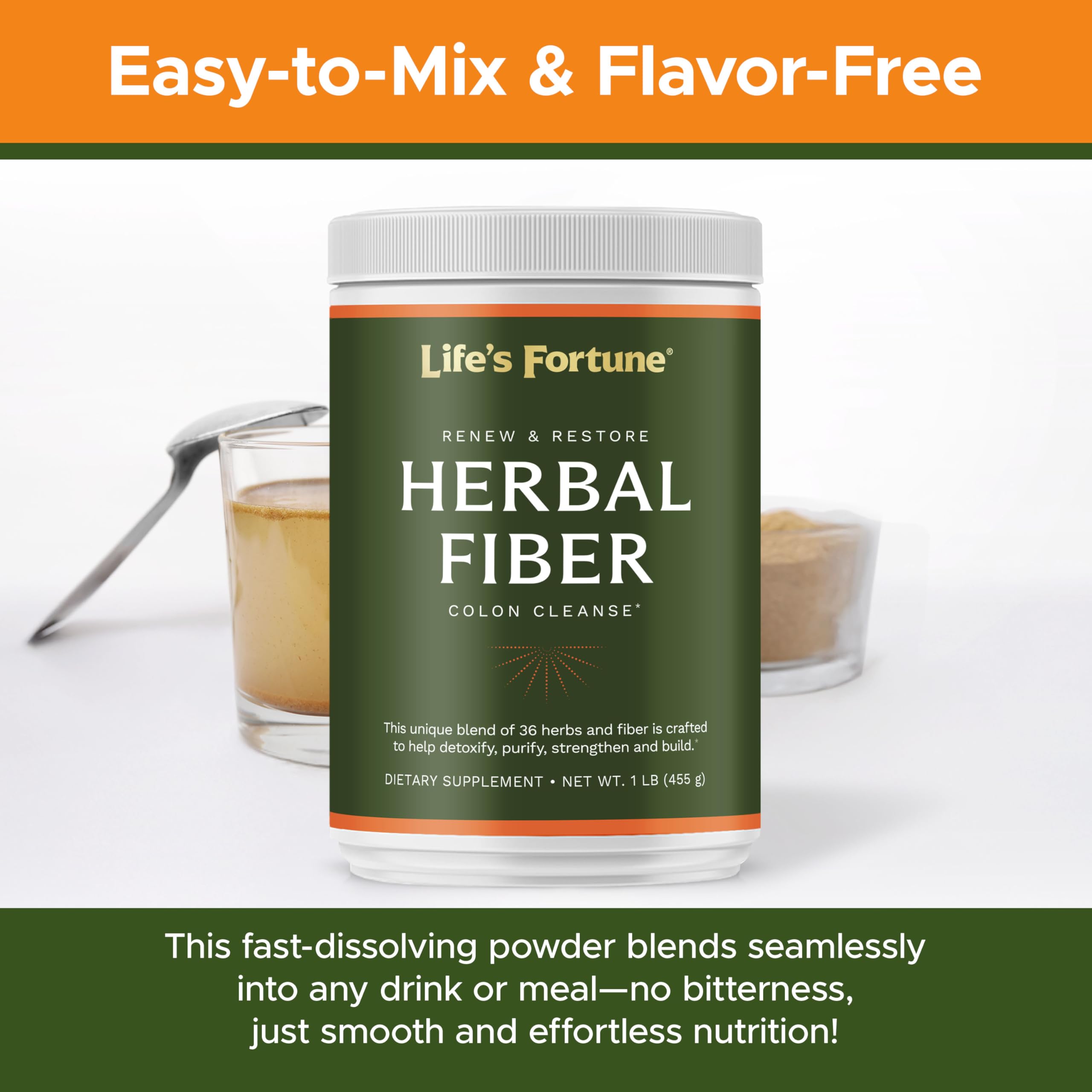 Life's Fortune Herbal Fiber Powder bottle front ready for daily fiber support.