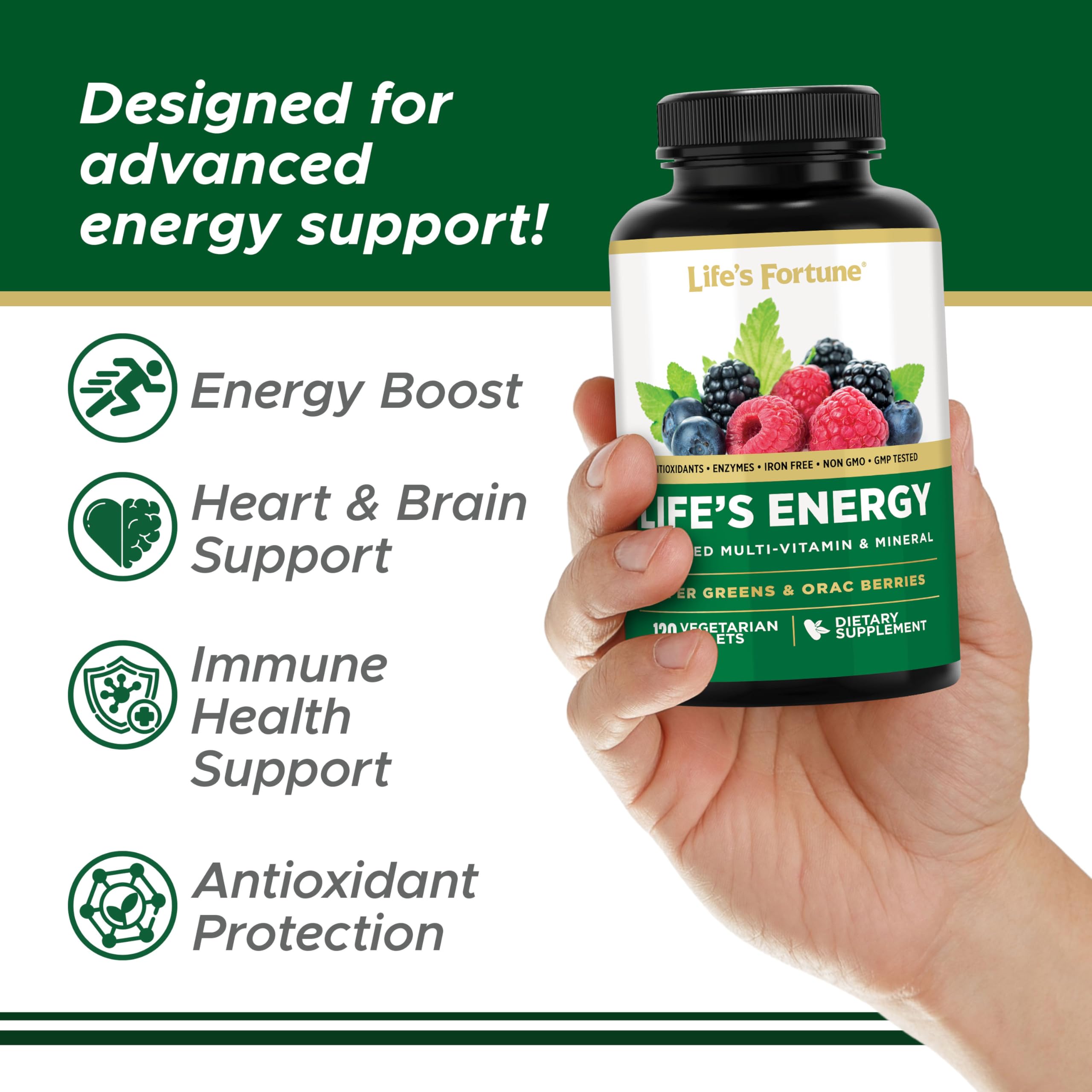 Side view of Life's Energy bottle with label visible for ingredients
