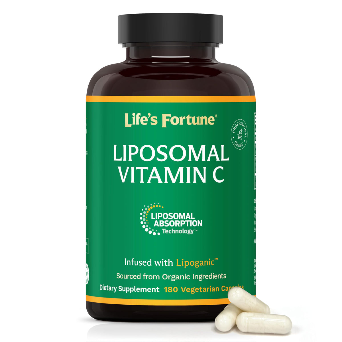Life's Fortune liposomal vitamin C 2100 mg bottle front view, easy-to-swallow capsules