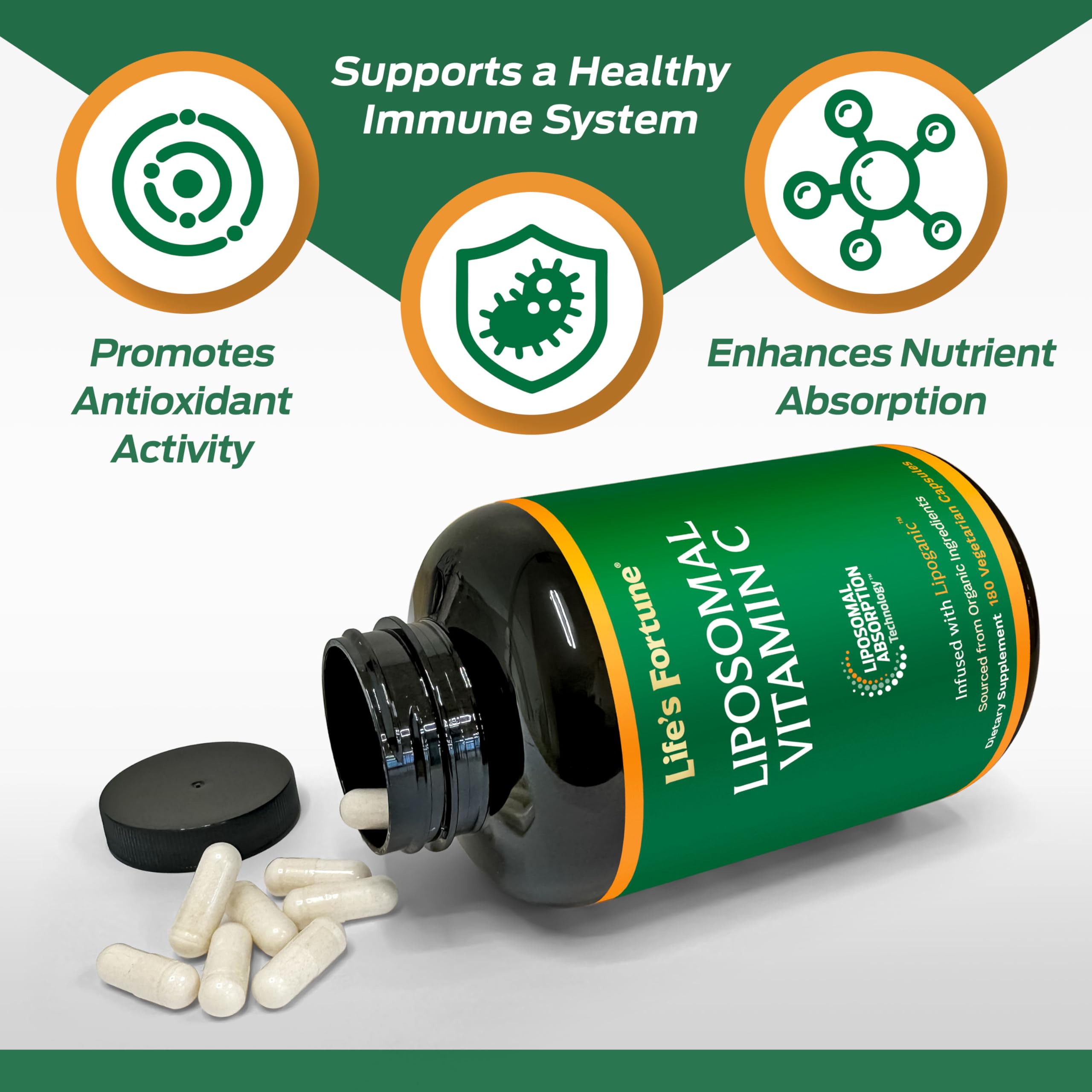 Label highlights dairy-free and gluten-free notes for Life's Fortune liposomal vitamin C