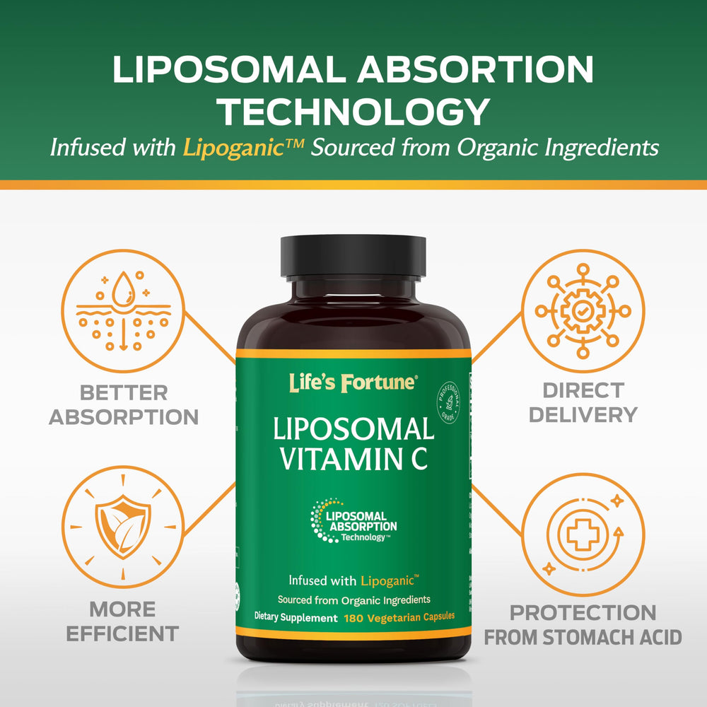 Packaging box for Life's Fortune liposomal vitamin C 2100 mg with clear supplement details
