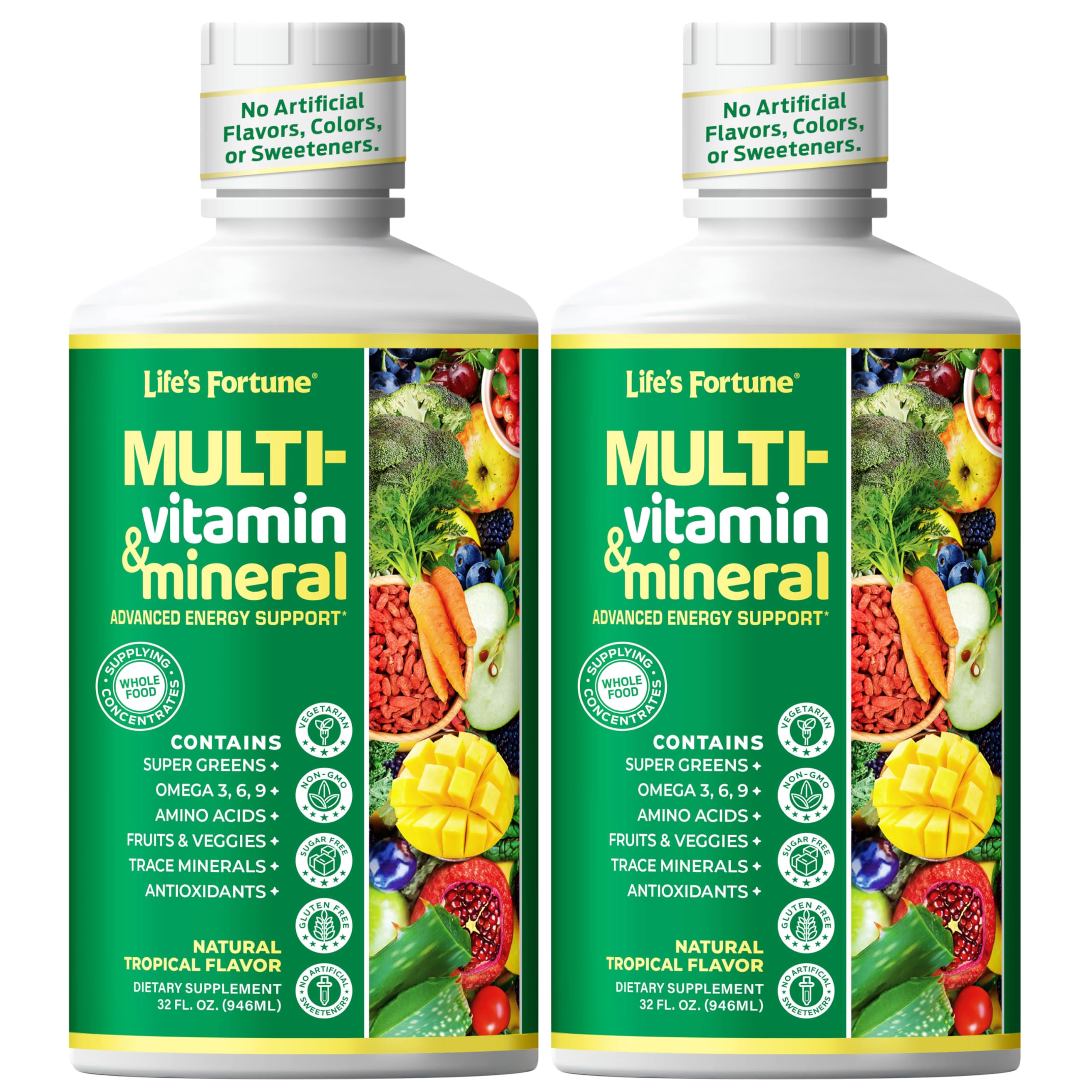 Life's Fortune liquid multivitamin bottle promotes daily energy support with high absorption.