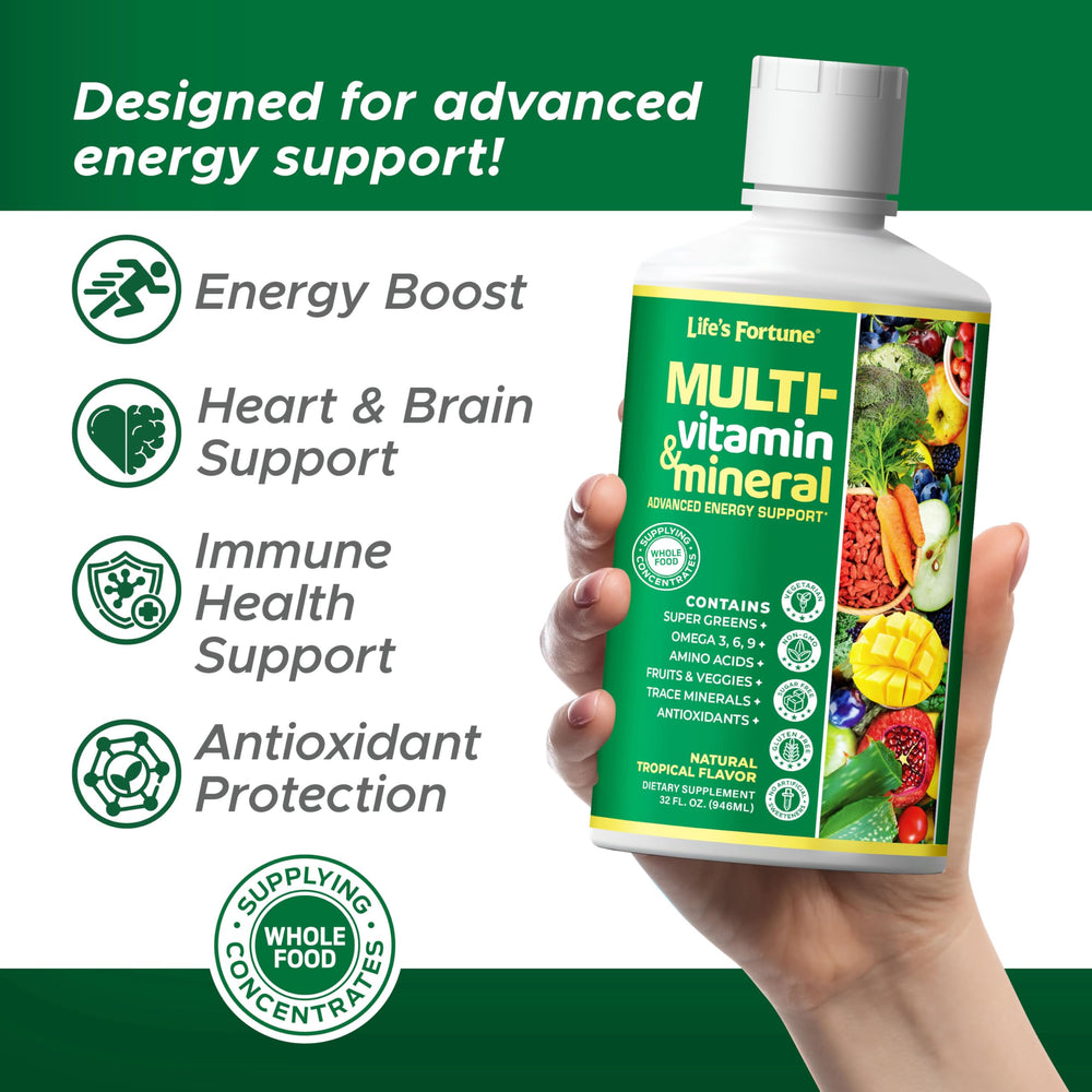 Life's Fortune liquid multivitamin pour demonstrates quick mixing for on the go nutrition.