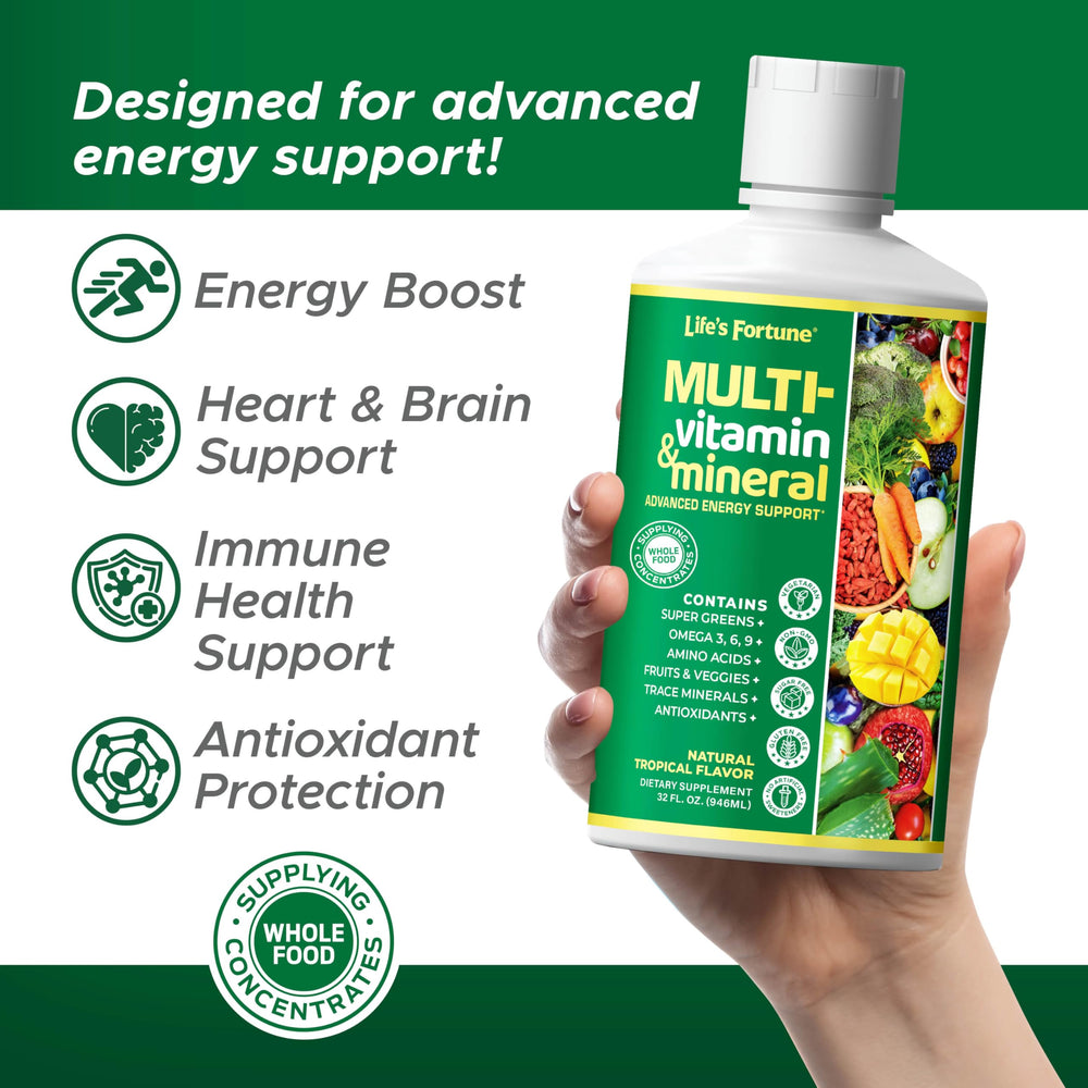 Pouring Life's Fortune liquid multivitamin into a glass for easy consumption