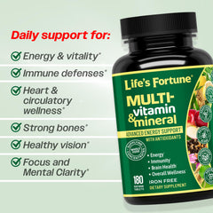 Life's Fortune multivitamin bottle being poured for easy daily intake.