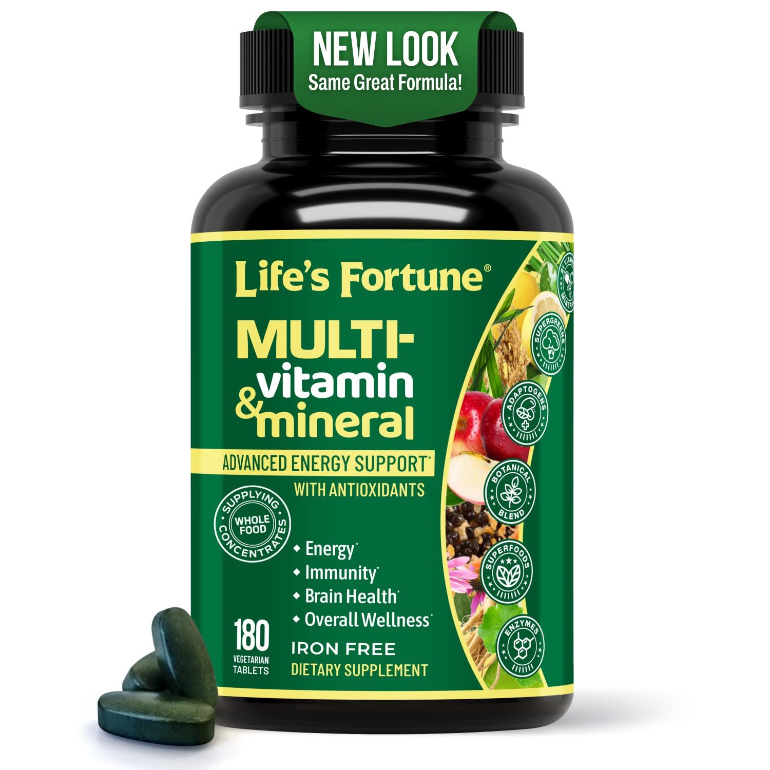 Life's Fortune multivitamin tablet close-up highlights energy-boosting vitamins for daily focus.