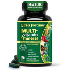 Life's Fortune multivitamin tablet close-up highlights energy-boosting vitamins for daily focus.