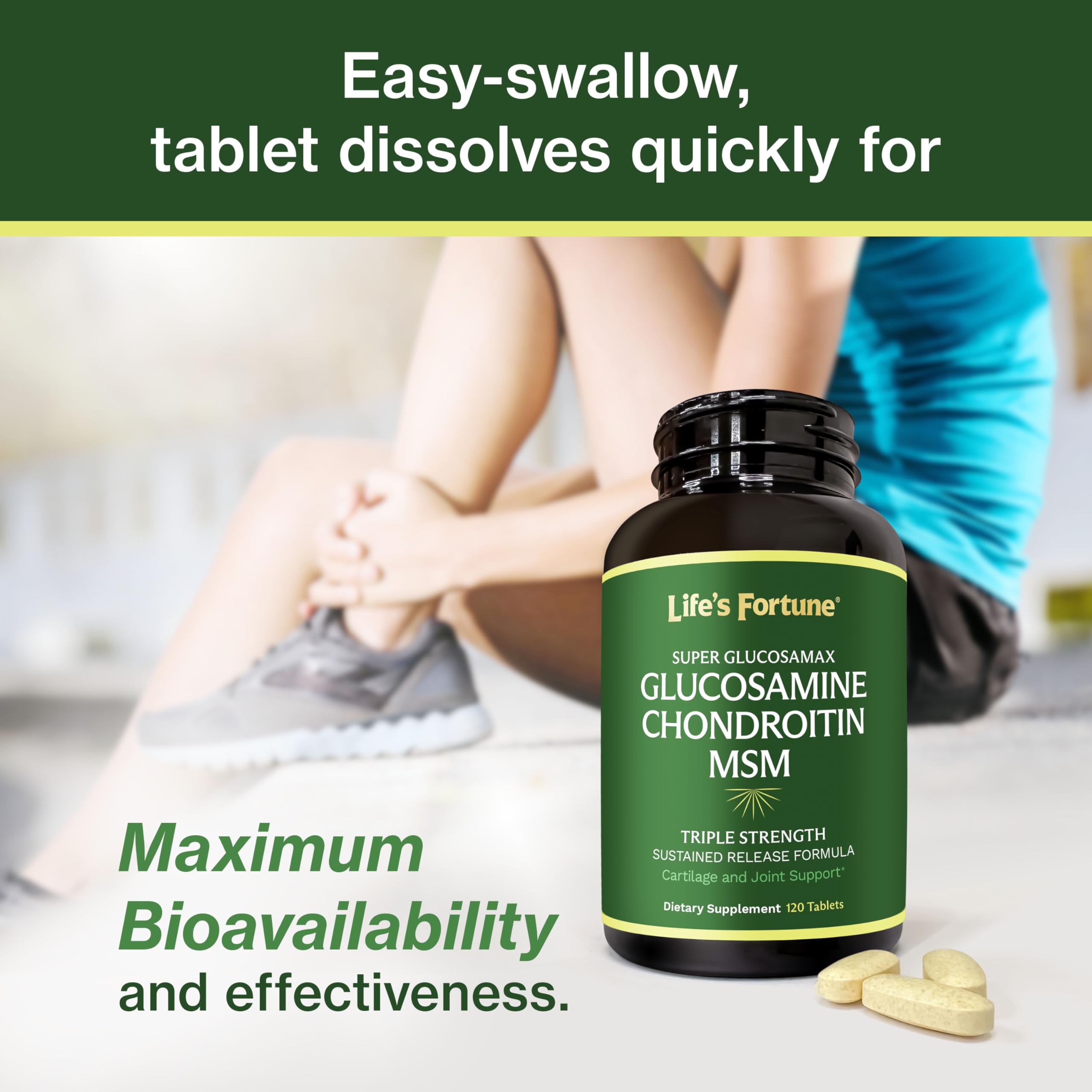 Life's Fortune Glucosamax bottle pour demonstrates easy daily dosing
