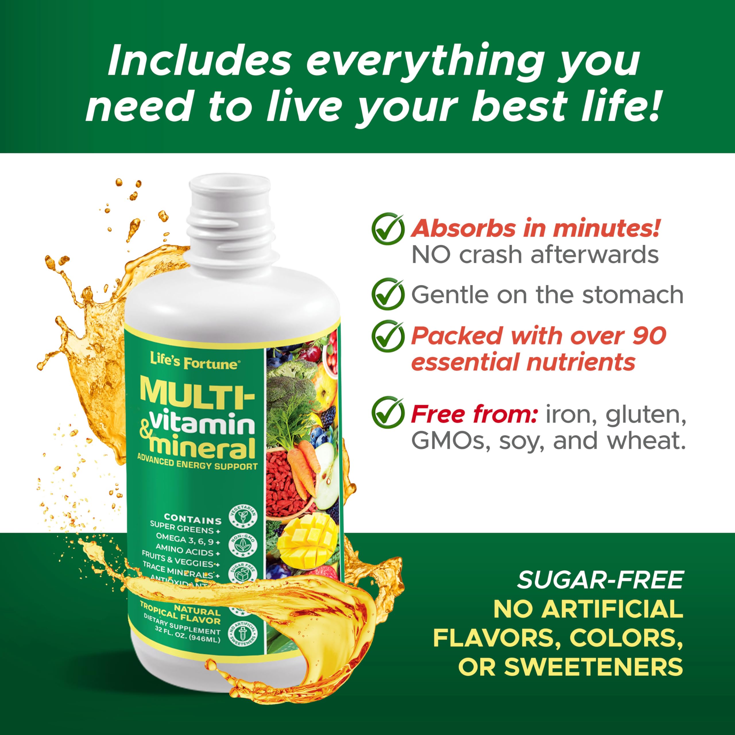 Life's Fortune tropical flavor label highlights sugar free, flavorful daily vitamins.