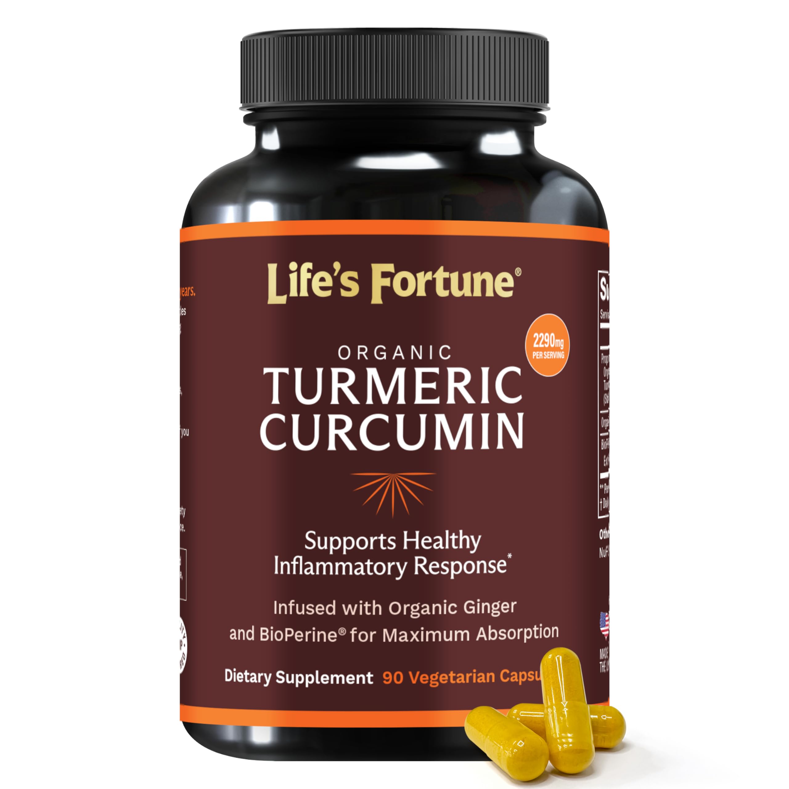 Life's Fortune turmeric curcumin bottle highlighting enhanced absorption for daily wellness.