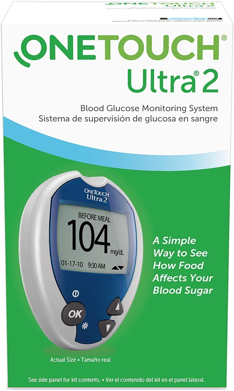 Lifescan OneTouch Ultra 2 compact meter beside quick reference guide for fast setup.