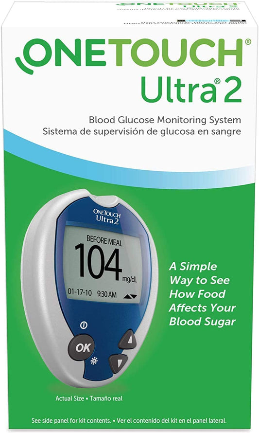Lifescan OneTouch Ultra 2 meter front view highlighting compact portability for on-the-go testing.