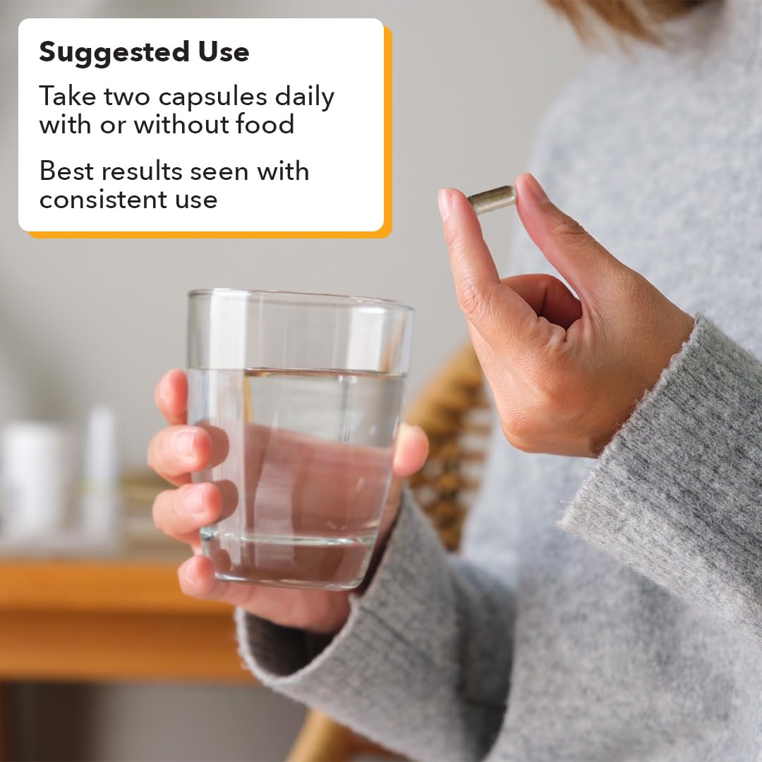 Product shot shows capsules beside water, suggesting easy daily use.