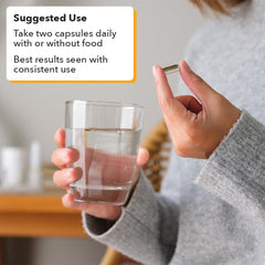 Product shot shows capsules beside water, suggesting easy daily use.
