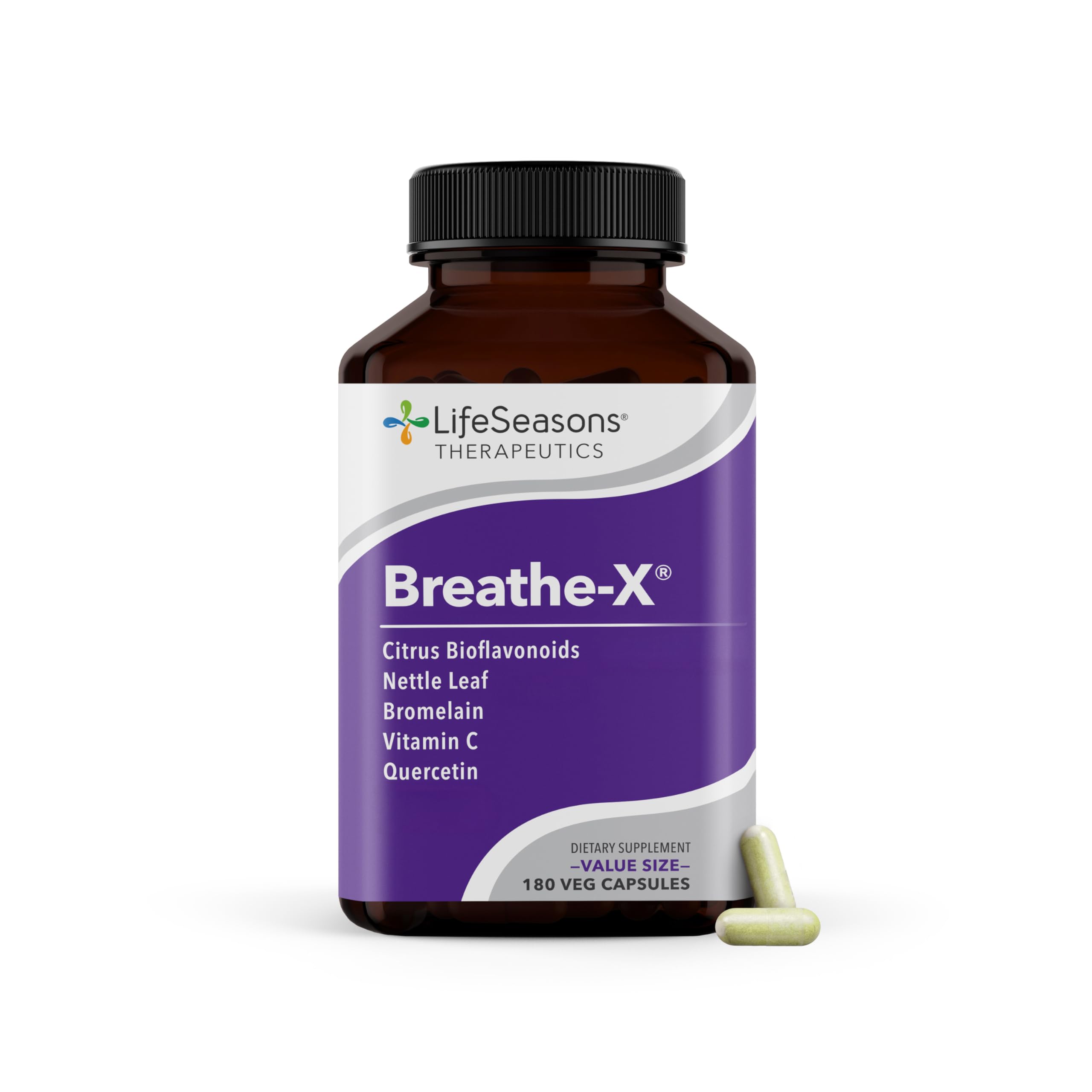 LifeSeasons Breathe-X capsules in bottle offer non-drowsy, fast-acting relief.