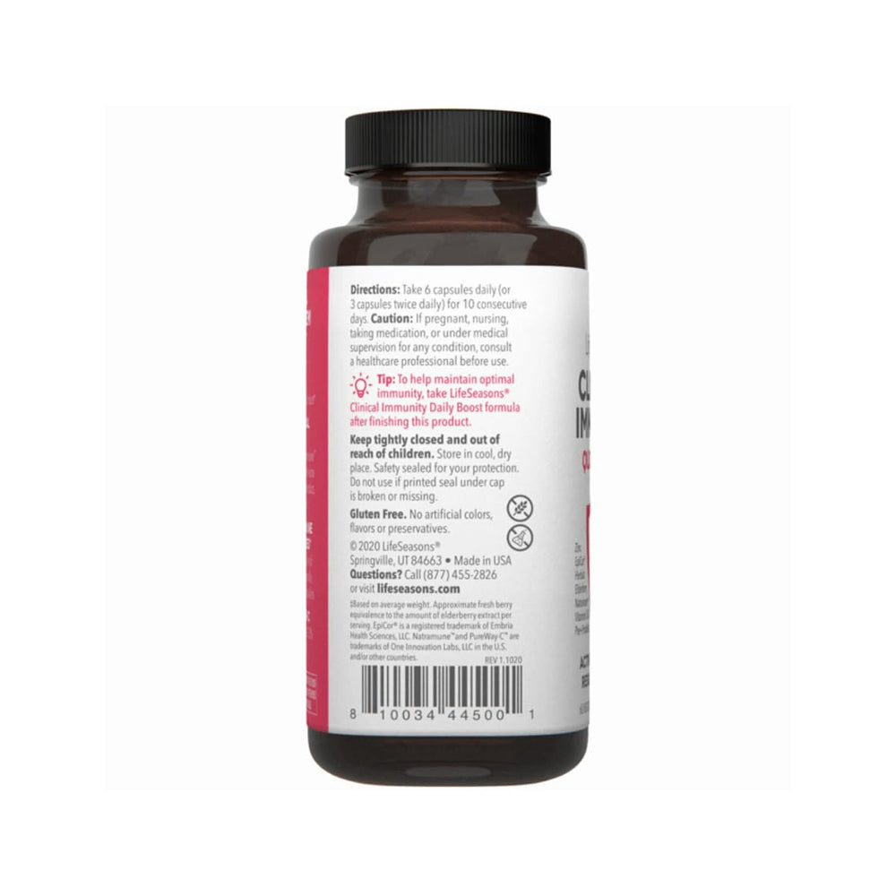 LifeSeasons Clinical Immunity packaging label shows gluten-free, preservative-free formula