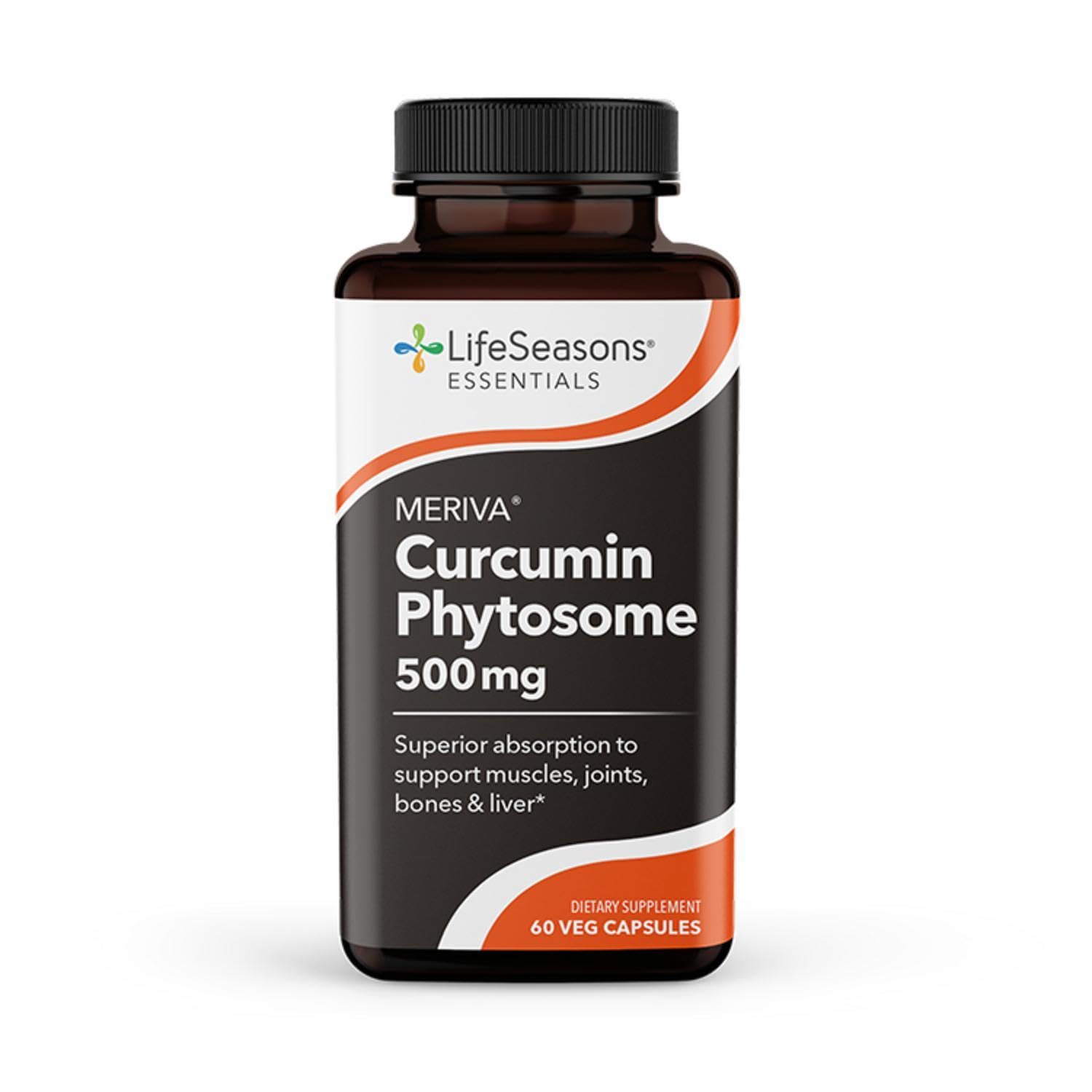 LifeSeasons Essentials Meriva Turmeric bottle displaying label for joint and circulation support.