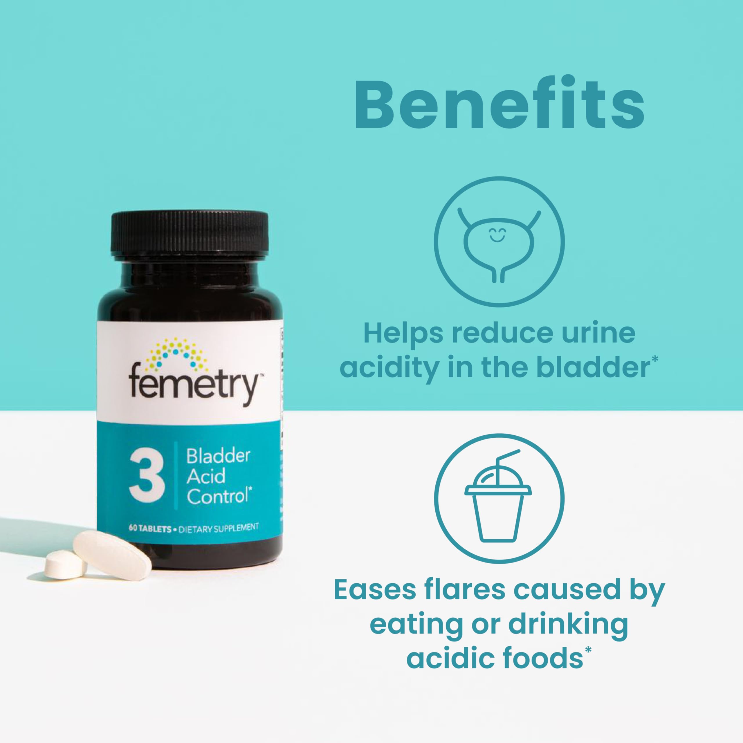 LifeSeasons Femetry Bladder Acid Control powder illustrating acidity-neutralizing formula