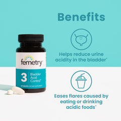 LifeSeasons Femetry Bladder Acid Control powder illustrating acidity-neutralizing formula