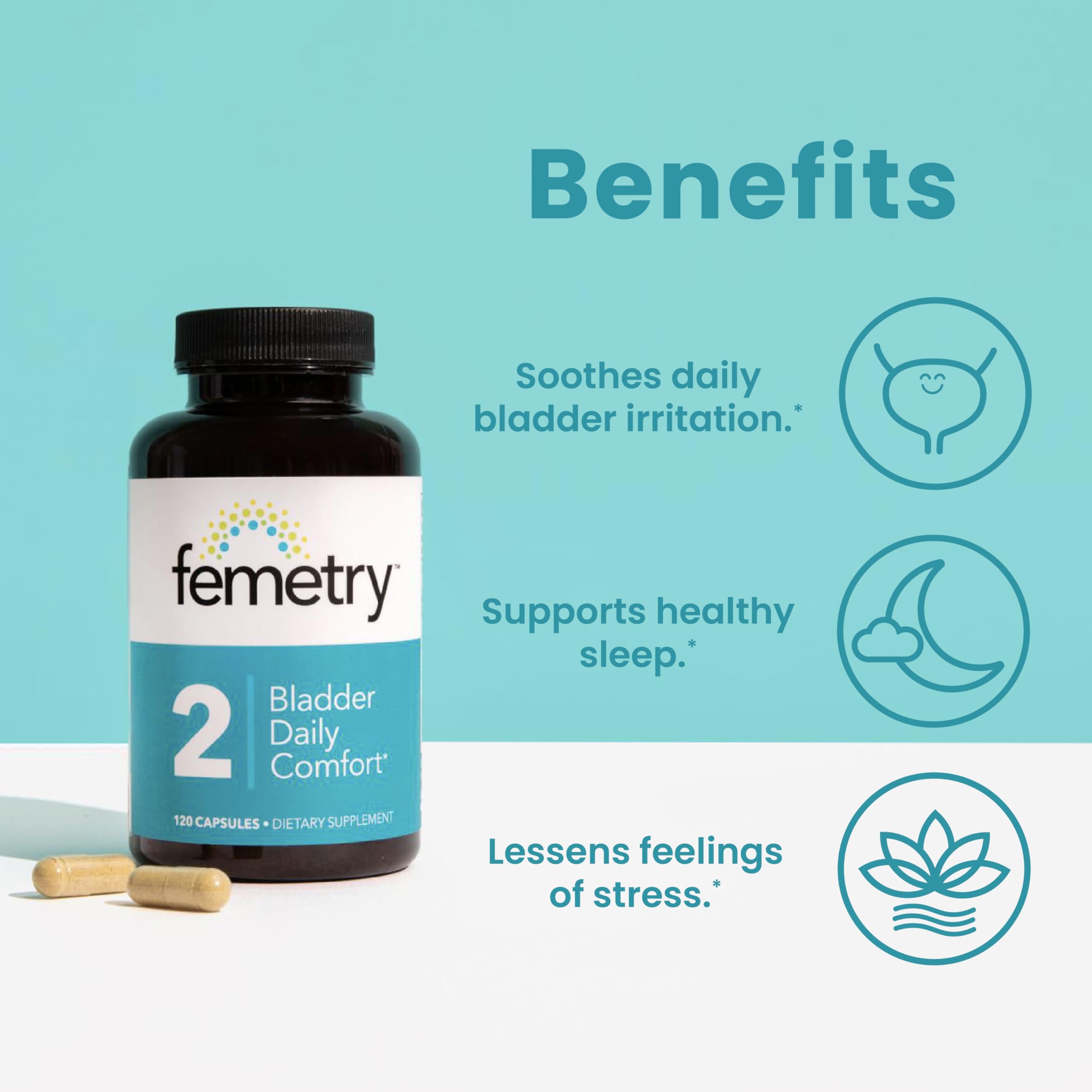 LifeSeasons Femetry Bladder Daily Comfort jar highlighting soothing blend for sensitive bladders