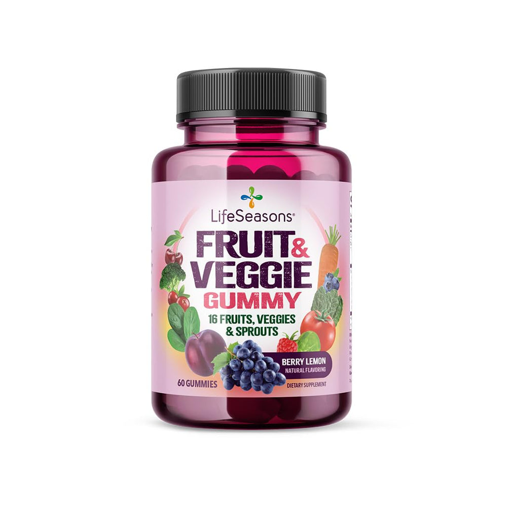 LifeSeasons Fruit & Veggie Gummies bottle showcases convenient daily nutrition support.