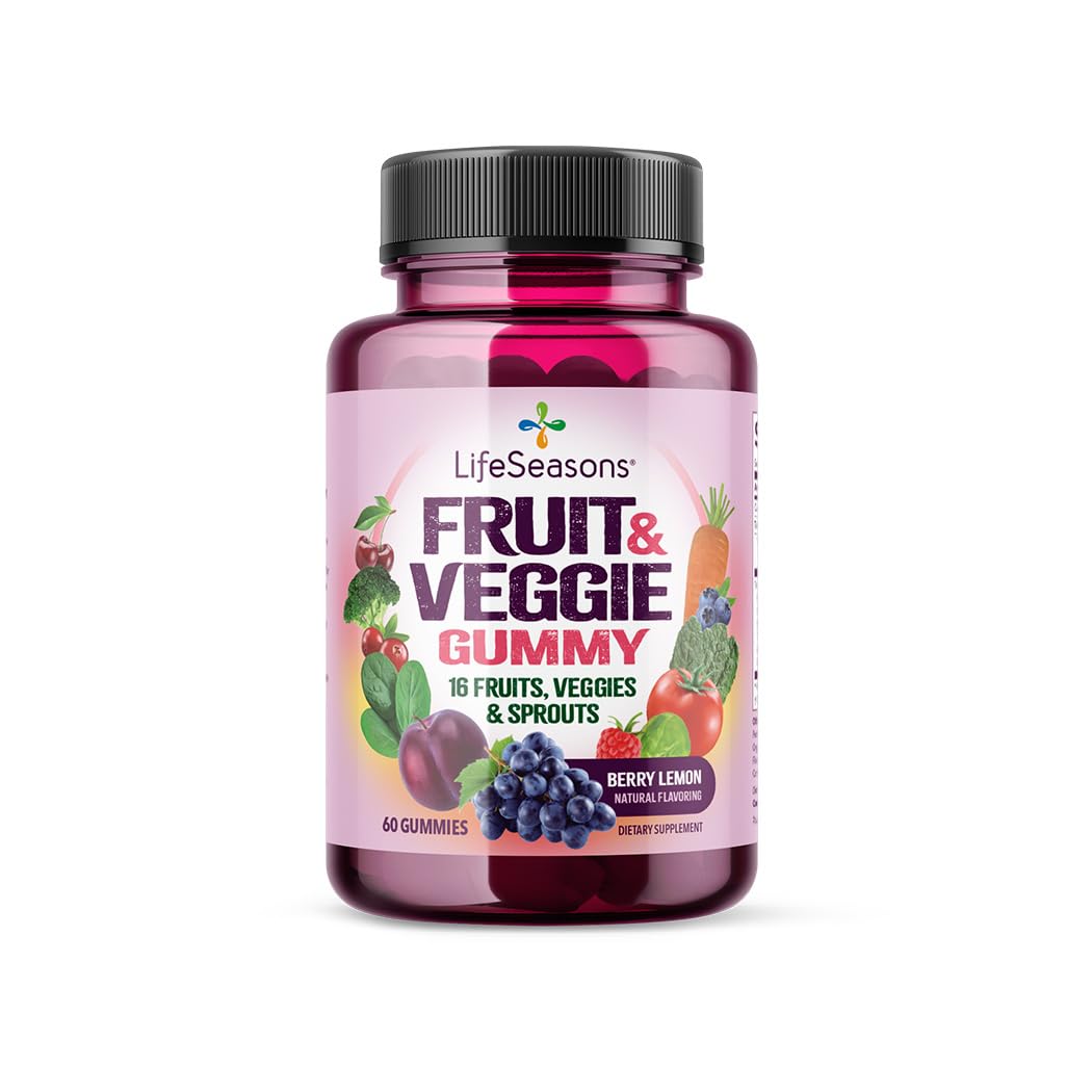 LifeSeasons Fruit & Veggie Gummies bottle showcases convenient daily nutrition support.