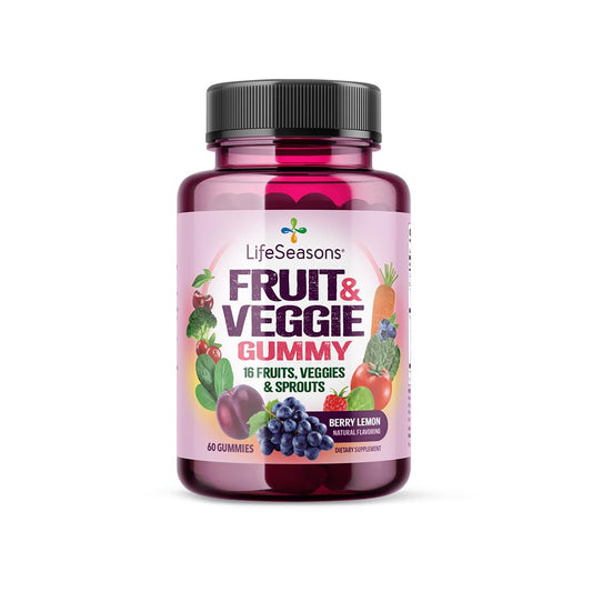 LifeSeasons Fruit & Veggie Gummies bottle showcases convenient daily nutrition support.