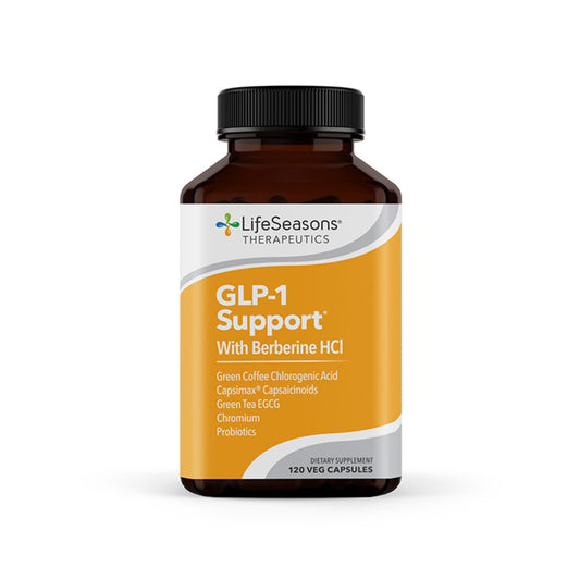 LifeSeasons GLP-1 Support bottle front showing natural wellness packaging and branding.