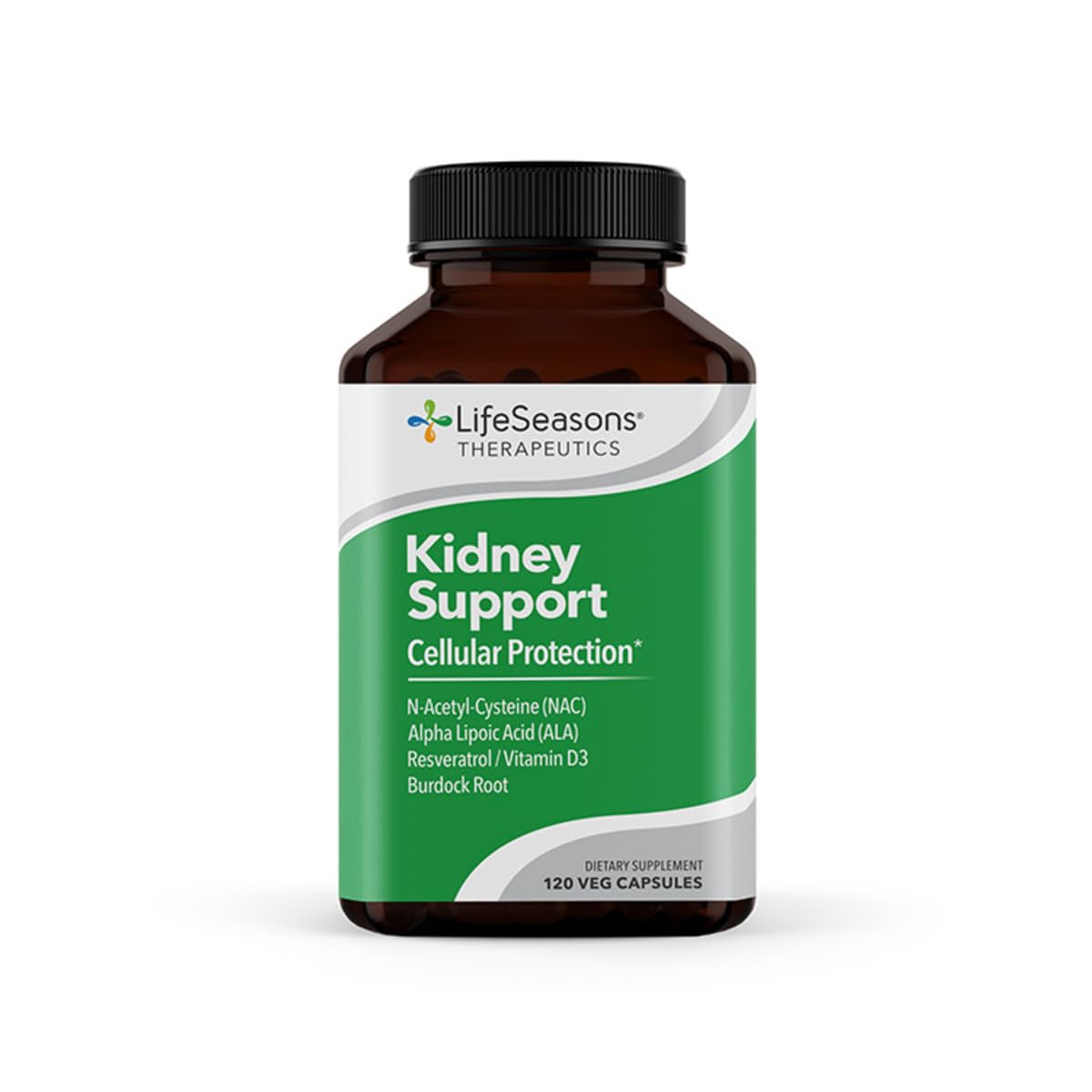 LifeSeasons Kidney Support bottle front view highlights daily renal support.