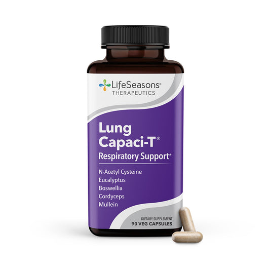 LifeSeasons Lung Capaci-T bottle displaying capsules for respiratory support and smoother breathing.