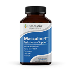 LifeSeasons Masculini-T bottle label highlighting daily vitality and wellness.