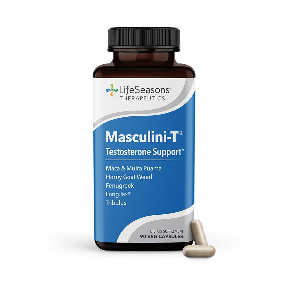 LifeSeasons Masculini-T bottle ready for daily use to support stamina.