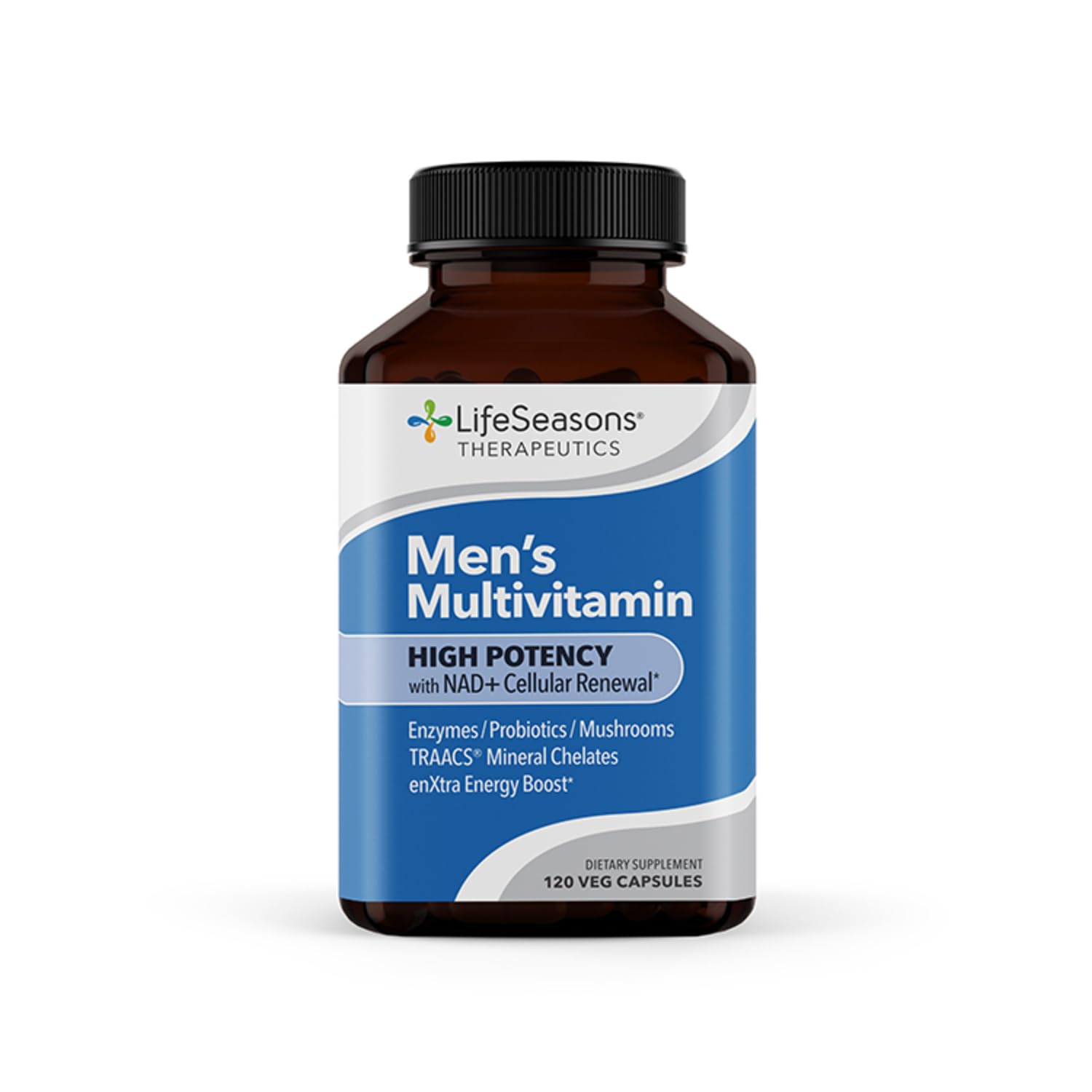 LifeSeasons Men's Multivitamin bottle showing high potency vitamins for daily support