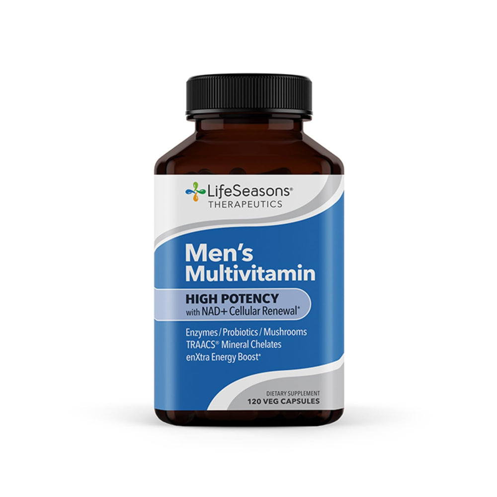 LifeSeasons Men's Multivitamin bottle showing high potency vitamins for daily support