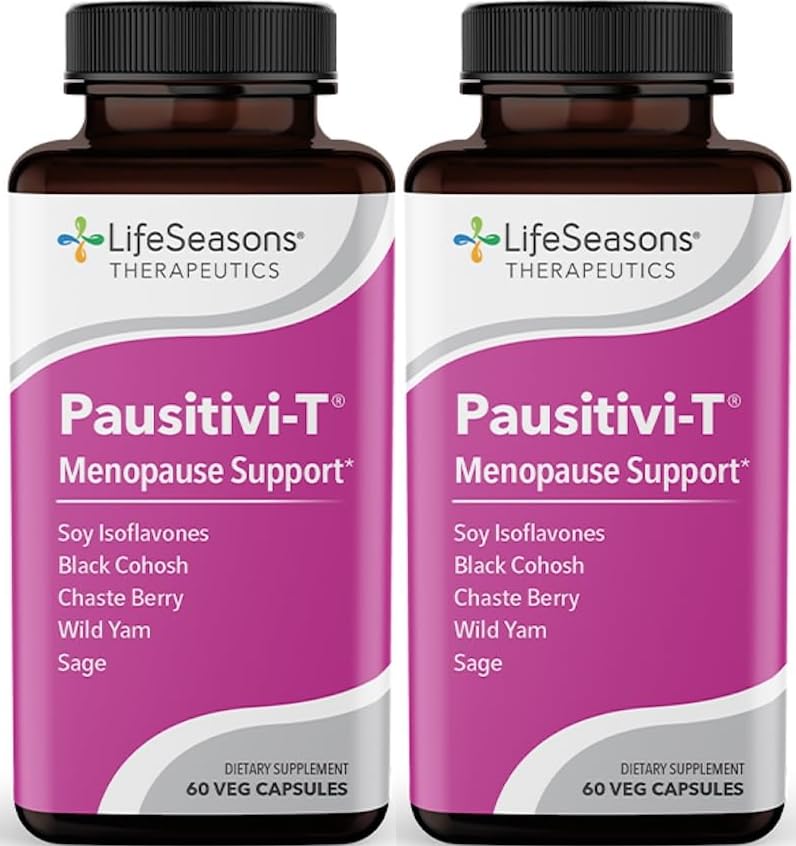 LifeSeasons Pausitivi-T bottle of capsules to support menopause comfort and hormone balance.