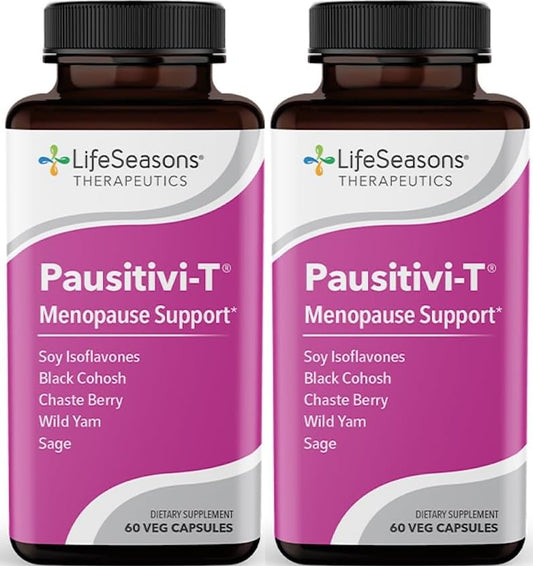 LifeSeasons Pausitivi-T bottle of capsules to support menopause comfort and hormone balance.